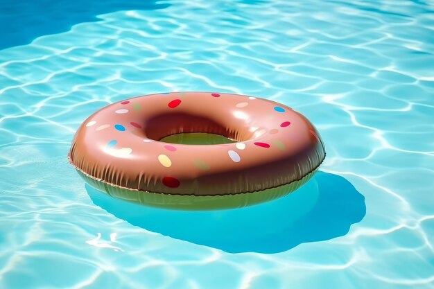 Una rosquilla flota en una piscina con agua y el sol reflejándose en ella.