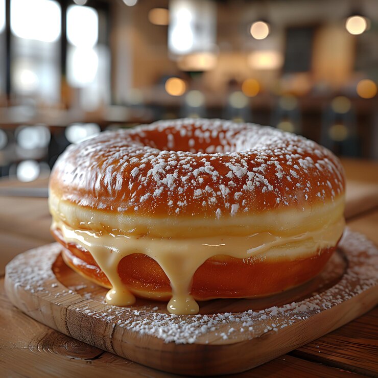 una rosquilla con un glaseado de queso cremoso se sienta en una mesa de madera