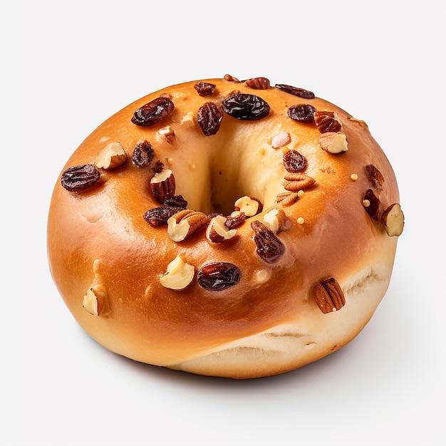 una rosquilla con nueces en ella se sienta en una mesa