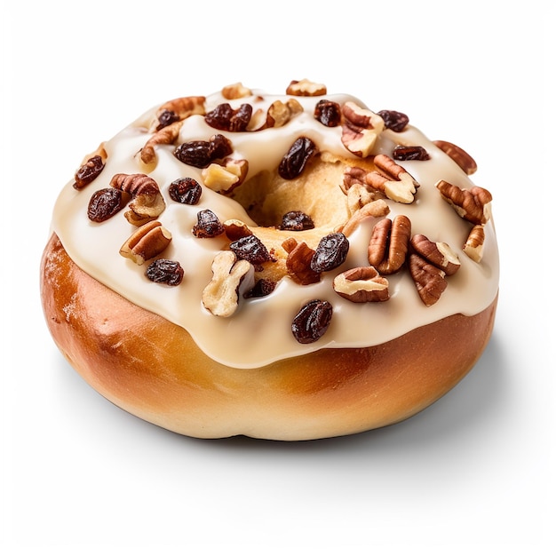 una rosquilla con nueces en ella se sienta en una mesa