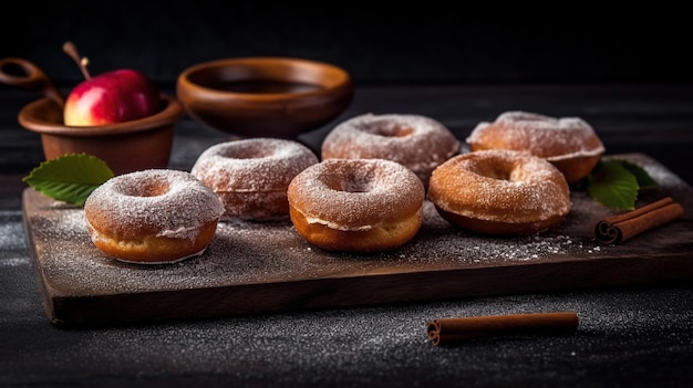 Rosquillas con azúcar en polvo en tablero de pizarra Imagen generada por IA