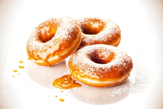 Rosquillas caseras dulces con cerdas glaseadas con azúcar sobre fondo blanco.