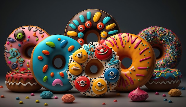 Rosquillas de colores con chispitas sobre un fondo negro con ai generativo