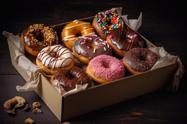 Rosquillas dulces surtidas en una caja de papel