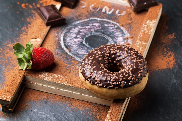 Rosquillas con fresas frescas y chocolate