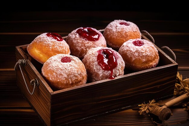 rosquillas de mermelada abiertas en una caja al estilo de la técnica del claroscuro