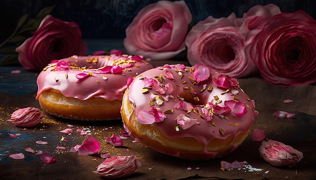 Rosquillas rosas y flores para cualquier celebración sobre fondo oscuro AI generativa