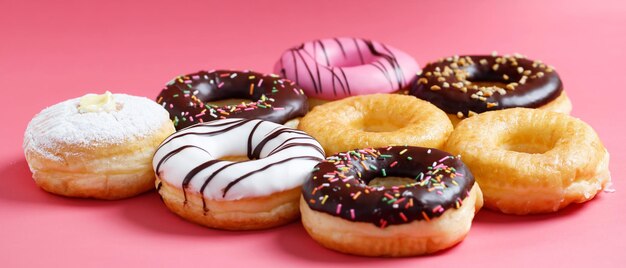 rosquillas variadas con glaseado de chocolate cubriendo rosquillas rosquillas variedad de colores y variedad de sabores mezcla de rosquillas dulces multicolores con glaseado rociado sobre fondo rosa vista superior