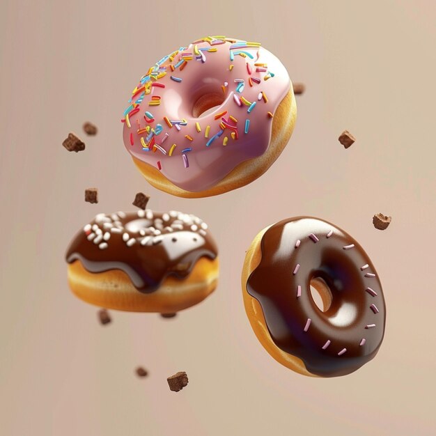 rosquillas voladoras en un fondo plano renderización 3D