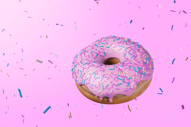 Rosquinha rosa flutuando com explosão de granulado colorido no fundo rosa. Renderização 3D engraçada.