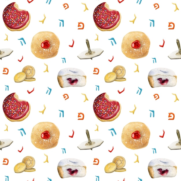 Rosquinhas de Hanukkah e padrão pião. Mão desenhando símbolos tradicionais judaicos no fundo branco