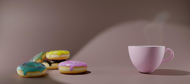 Rosquinhas de levitação vitrificada realista e café 3d renderização rosquinhas com diferentes esmaltes de chocolate e frutas xícara rosa de café preto quente no fundo rosa espaço de cópia de tamanho de banner