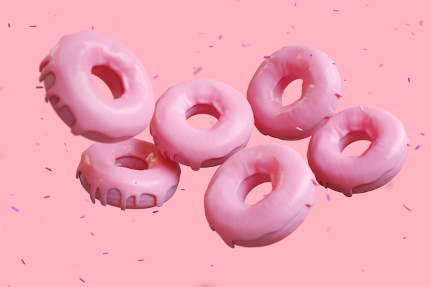 Foto rosquinhas de rosquinhas de cor rosa voadoras donuts com granulado de chocolate no fundo rosa. 3d