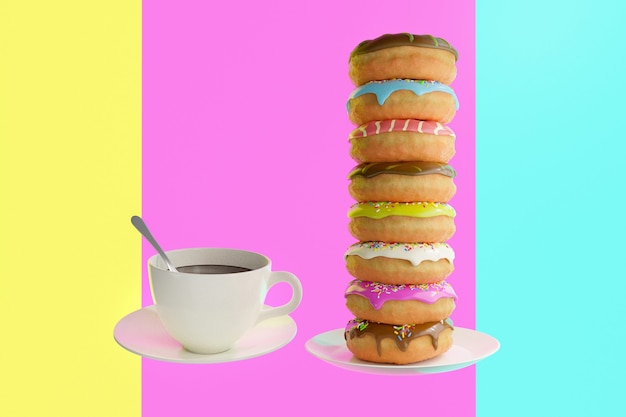 Rosquinhas doces coloridas e uma xícara de café branca no fundo