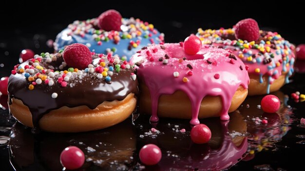 Rosquinhas doces recheadas com chocolate derretido e granulado com fundo desfocado