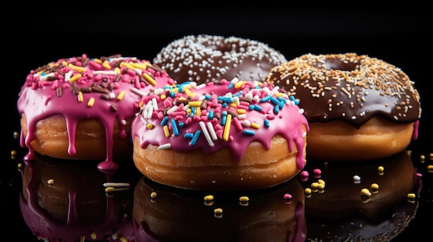 Rosquinhas doces recheadas com chocolate derretido e granulado com fundo desfocado