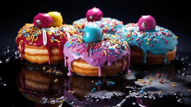 Rosquinhas doces recheadas com chocolate derretido e granulado com fundo desfocado