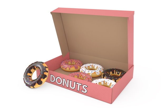 Rosquinhas doces variadas em uma caixa de papelão em um fundo branco. Renderização 3D