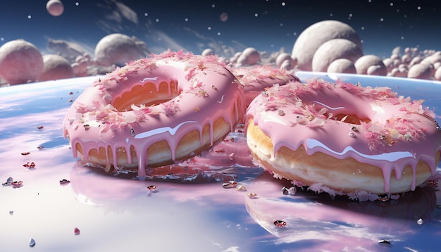 Rosquinhas rosa caindo na renderização 3d da Via Láctea