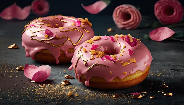 Rosquinhas rosa e flores para qualquer celebração em fundo escuro Generative AI