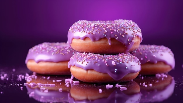 Rosquinhas roxas com glacê roxo e granulado em um fundo roxo