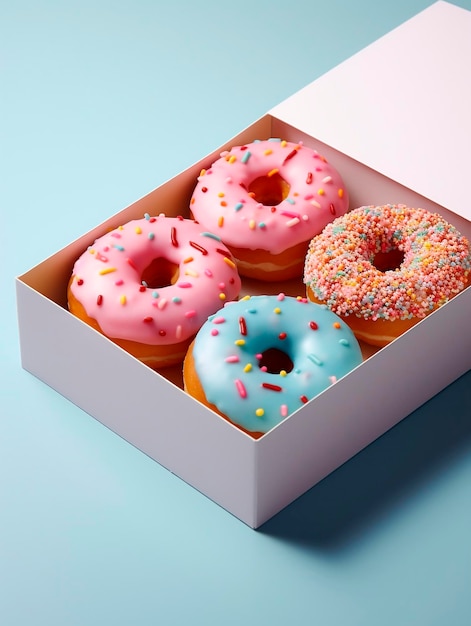 Rosquinhas vitrificadas coloridas em uma caixa de presente no fundo azul