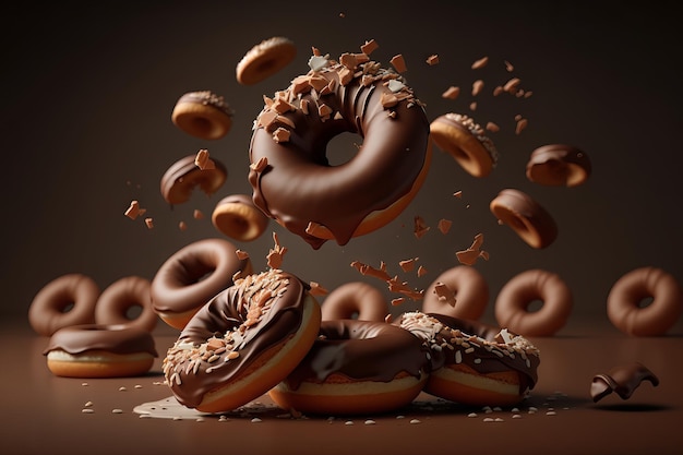 Rosquinhas voadoras com cobertura de chocolate e confeitos Generative AI