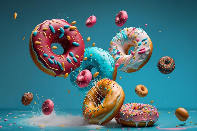 Rosquinhas voadoras com confeitos em fundo azul IA generativa