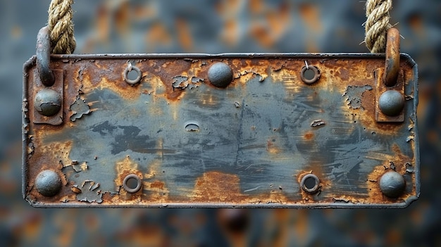 Foto rostendes metallzeichen mit nieten und seil, das an einem metallpfahl hängt