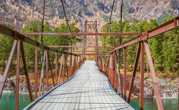 Rostige Hängebrücke, umgeben von Bäumen und Bergen