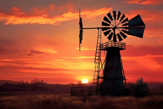 Rostige Windmühlensilhouette vor Sonnenuntergang, erstellt mit generativer KI