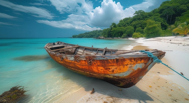 Rostiges Boot am Strand einer tropischen Insel