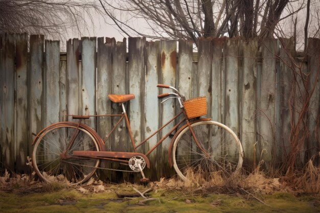 Rostiges Vintage-Fahrrad in der Nähe eines alten Holzzauns, der mit generativer Ai erzeugt wurde