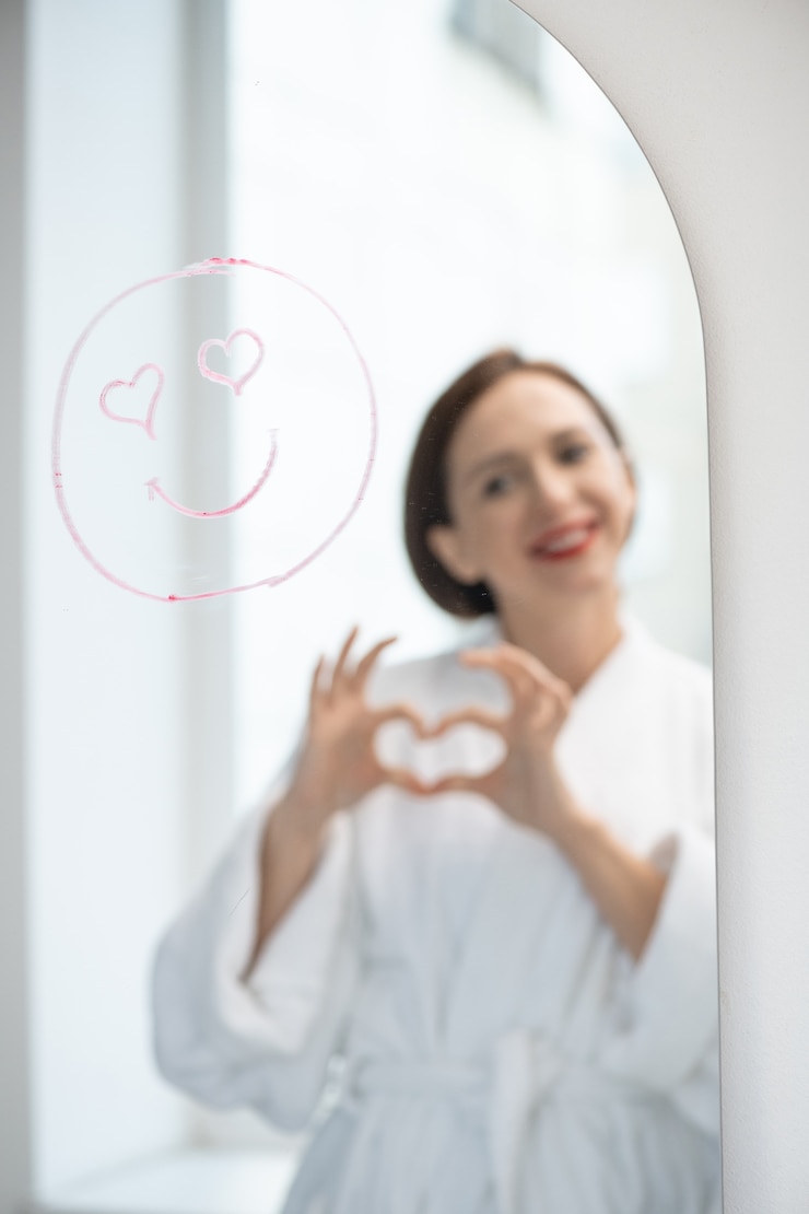 Foto rosto amoroso com sorriso e olhos em forma de coração desenhados com batom no espelho e o reflexo de uma jovem feliz em um roupão branco