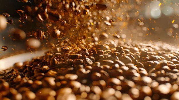 Foto rosto de cerca de granos de café marrón en la industria profesional de tostadoras de mezclas