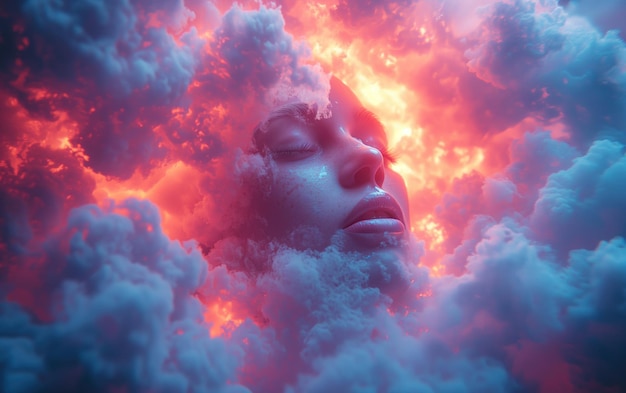 Foto rosto com azul escuro e nuvens magenta brilhantes em torno de seu rosto