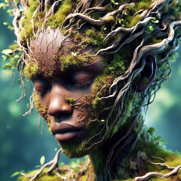 Rosto da mulher coberto de raízes verdes Mulher da árvore Conceito ambiental gerado pela IA