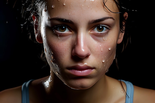Foto rosto de close-up de uma atleta séria e confiante com gotas de suor após o treino em fundo preto