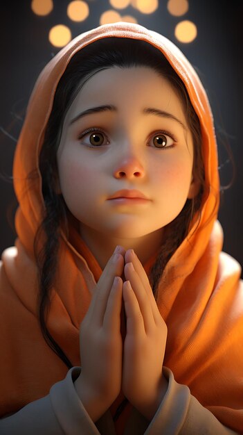 Foto rosto de desenho animado com as mãos unidas em oração