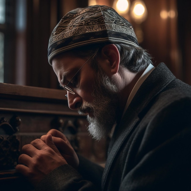 Rosto de homem velho e orando na sinagoga para ortodoxos judeus na fé religião ou crença para a páscoa