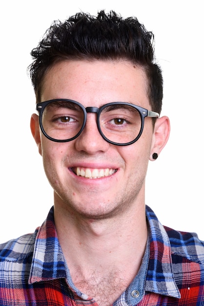 Rosto de jovem bonito hipster com óculos