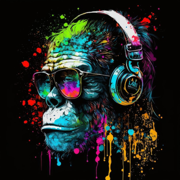 Rosto de macaco colorido acid pop usando fones de ouvido em IA generativa de fundo preto