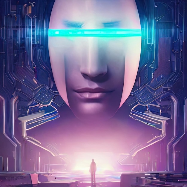 Foto rosto de menina no estilo futurista cyberpunk em cores neon homem hightech do futuro realidade virtual e conceito cyberpunk