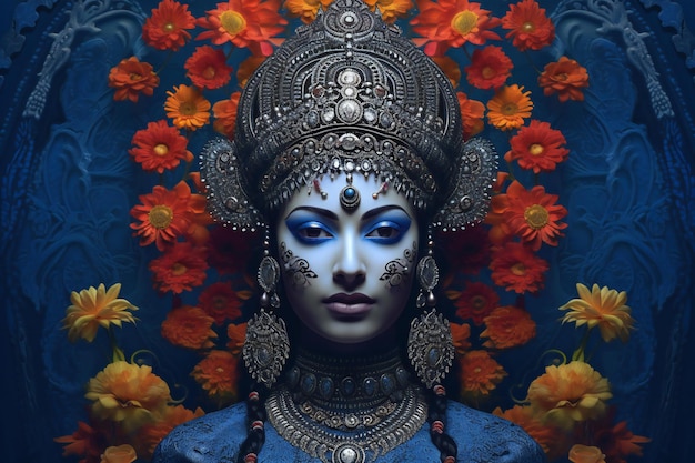 Rosto de mulher bonita com ornamento floral em fundo azul