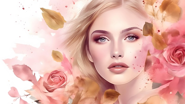 Foto rosto de mulher bonita e gentil com flores cor-de-rosa suaves ilustração em aquarela de banner de moda de respingo dourado generative ai