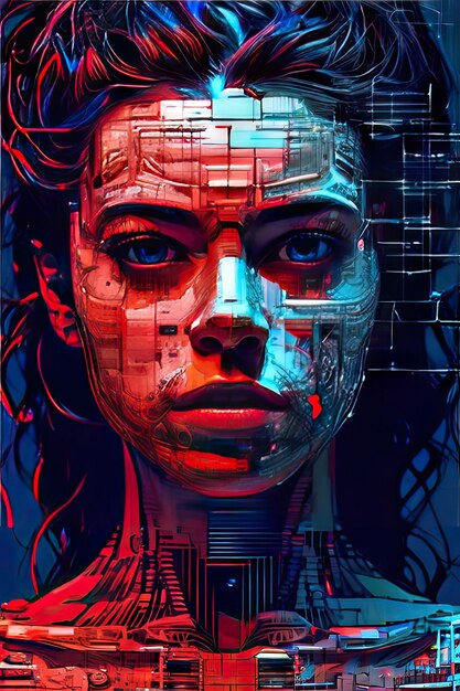 Rosto de mulher cibernética futurista Pintura de arte digital renderização 3D