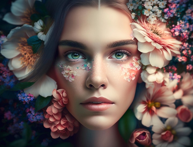 Rosto de mulher coberto com lindas floresGenerative AI