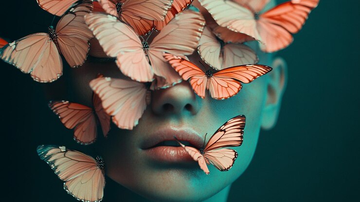 Foto rosto de mulher coberto de borboletas arte surreal a beleza da natureza transformação abstrata
