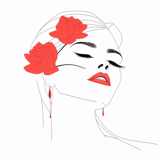 Rosto de mulher com flores Arte de linha surreal feminina garota floral PNG transparente Generative Ai