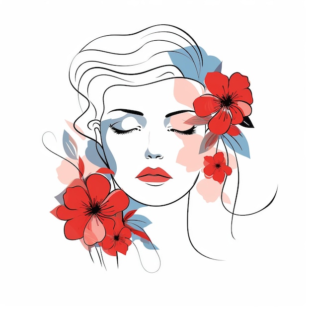 Rosto de mulher com flores Arte de linha surreal feminina garota floral PNG transparente Generative Ai